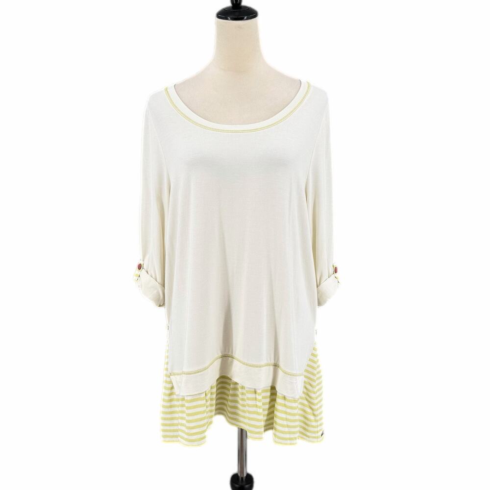 Matilda Jane Ventriloquist Cream Green Roll Tab Stripe Layered Tunic Casual Top